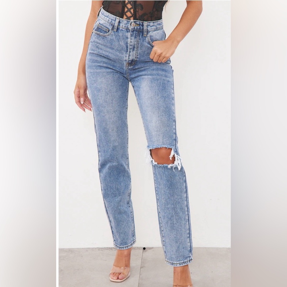 Pretty little thing straight leg denim blue jeans size 6 tall long distressed